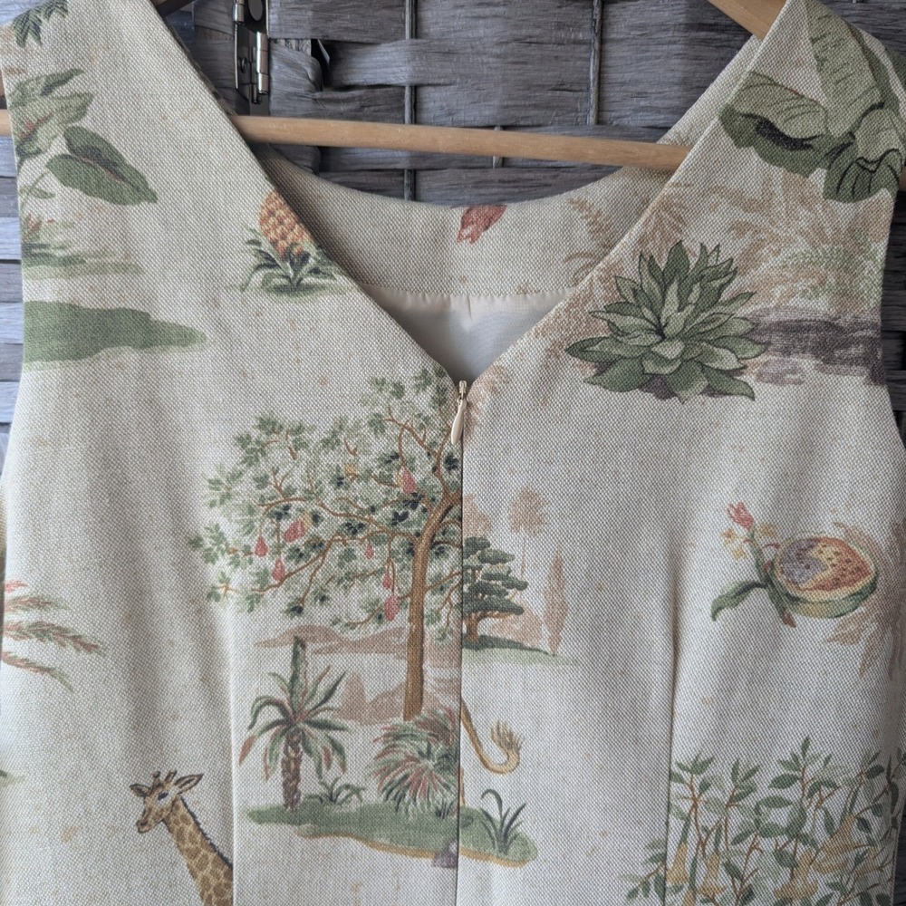 Vtg Safari Print Beaded Midi Sheath‎ Dress Linen Blend Beige 10 Statement Resort - Picture 3 of 8